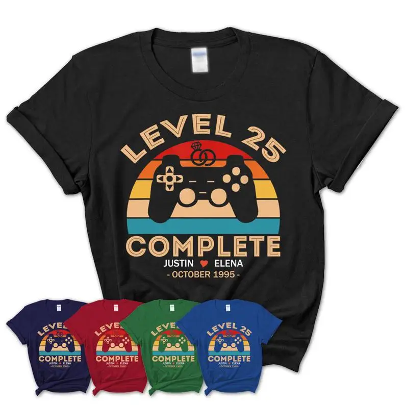 

Personalized 25th Anniversary Wedding Gift O Neck T-shirt For Gamer Husband And Wife, Retro Video Game 100%cotton Shirt Top Tee