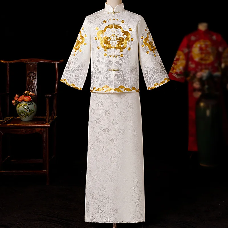 Бежевый Жених Винтаж Свободный чеонгам традиционное китайское свадебное платье атласное Qipao Вышивка костюм дракона Vestido восточные мужские
