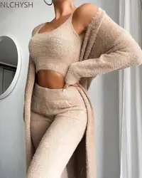 3 Piece Sets Sexy Lingerie Home Service Lounge Wear Set Women Tracksuits Fleece Pyjamas Female Nightwear New Cardigan Sleepwear