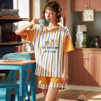 

Pajamas Women Cute Cartoon Sleepwear Japanese Loose Outerwear Loungewear Summer Pullover Fruit Letter Print Mujer Pyjamas S360