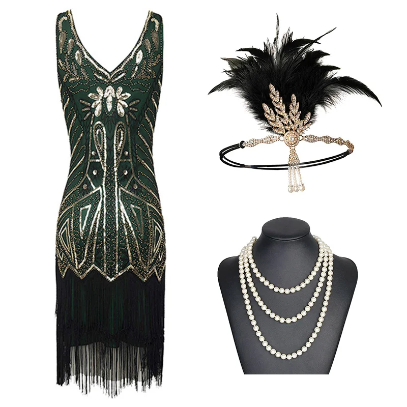 

Women's Flapper Dresses 1920s Beaded Fringed Great Gatsby Dress w/Accessories Set xs-xxl