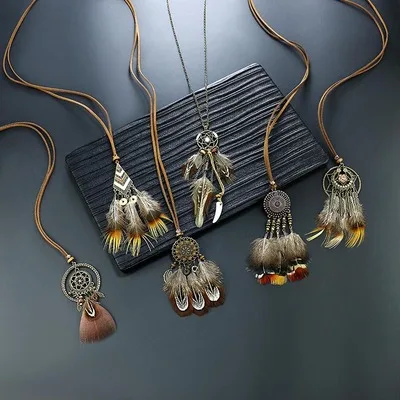 Women Bohemian Ethnic Long Chain Feather Dreamcatcher