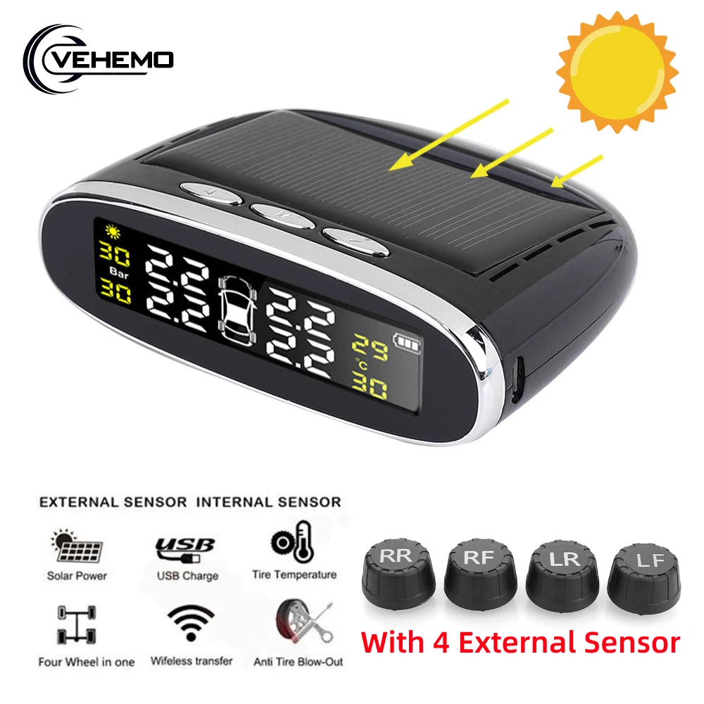Автомобильный TPMS беспроводной солнечный датчик давления в шинах с 4 внешними датчиками давления в шинах ЖК-дисплей экран реального времени Будильник МОНИТОР