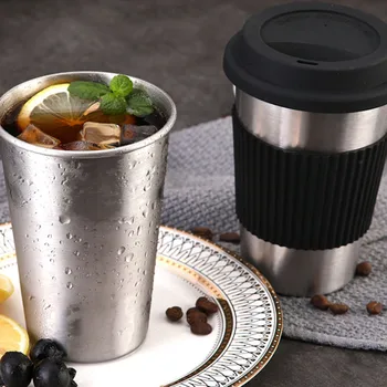 

2/1PCS Stainless Steel Cups With Silicone Lids Non-slip Anti-scalding Metal Drinking Mug Beer Water Tea Coffee Mugs