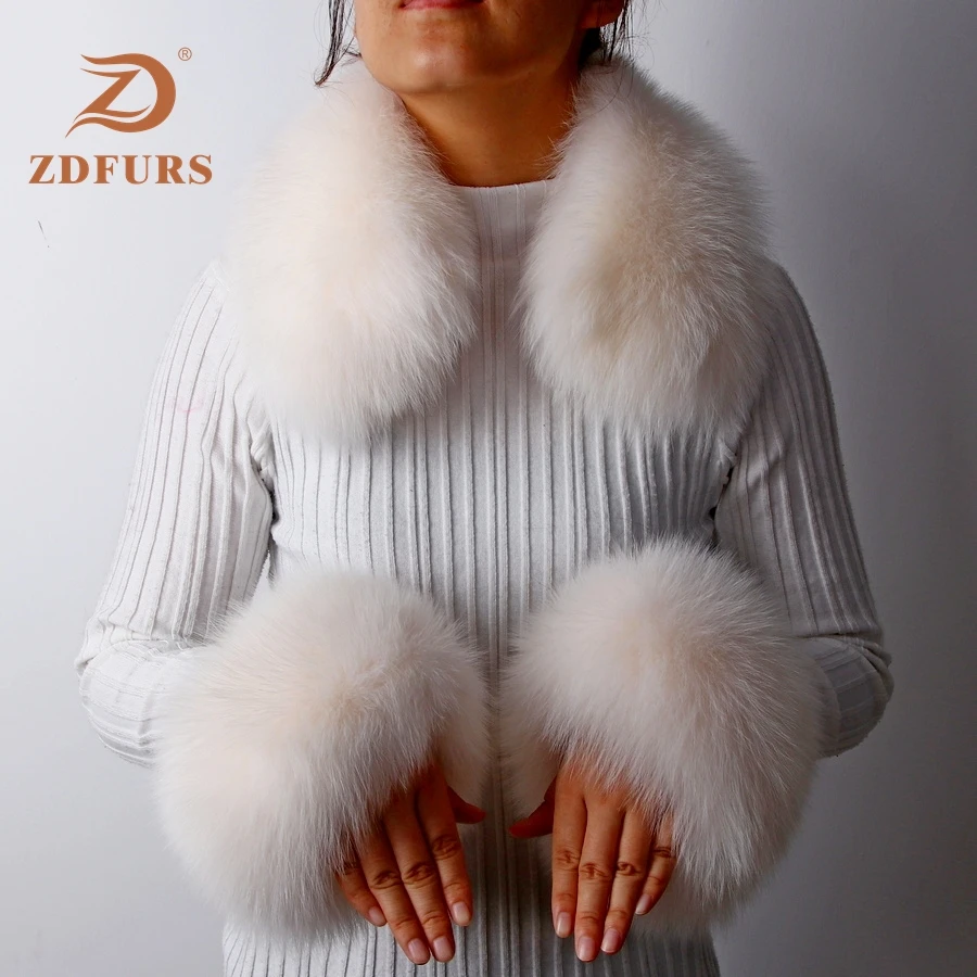 ZDFURS* женские манжеты из натурального Лисьего меха/меха енота зимние толстые теплые модные манжеты из натурального меха с квадратным воротником один комплект