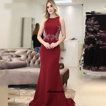 

Red Wine Sleeveless Evening Dresses Mermaid Beading Sexy Robe De Soiree Scoop Neck Formal Occasion Custome Made Vestido De Festa