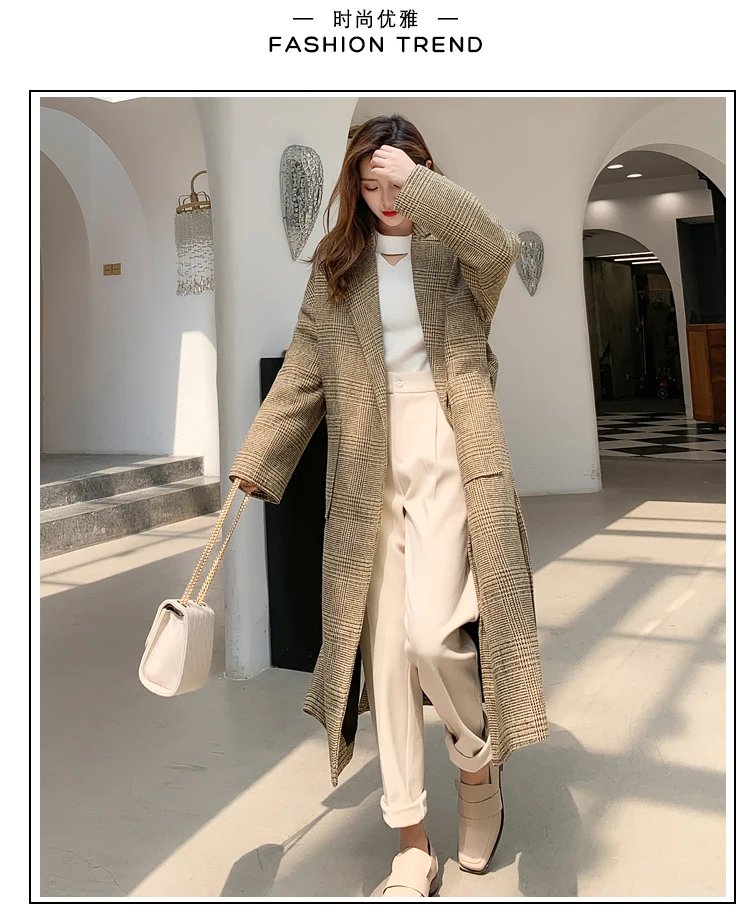 Photo Shoot Fat Mm2019 Autumn And Winter New Style Hepburn Wind Plaid Woolen Long over-the-Knee Retro Belt Woolen Overcoat a