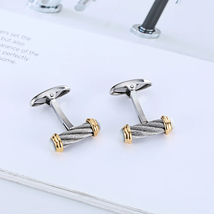 Heißer Verkauf Edelstahl Kabel Design Manschettenknöpfe Silber & 18K Gold Farbe Shell Manschettenknopf für Männer Geschenke Hochzeit Business Manschettenknöpfe – Detail 5