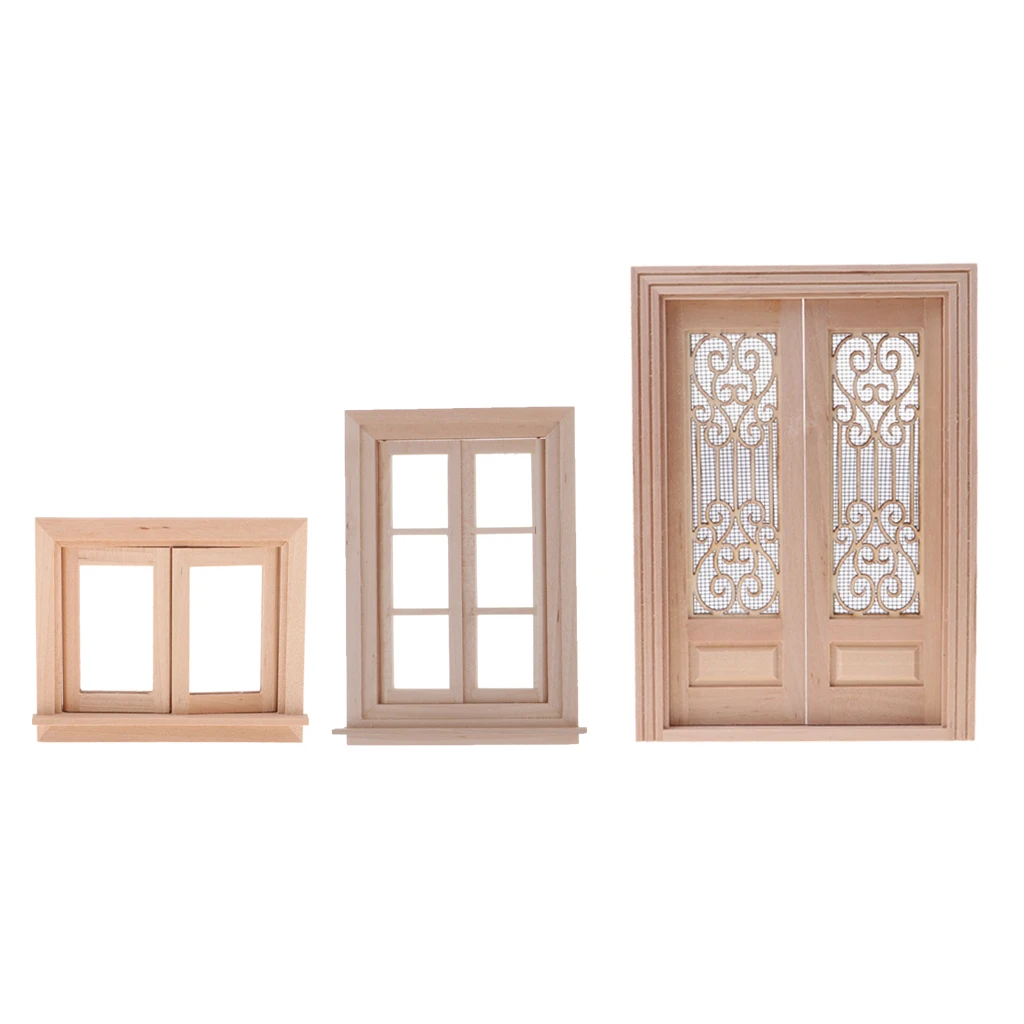 1/12 Furniture Wood Door Window Dollhouse Miniature DIY Accessories