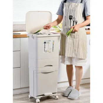 

38L/42L Large Double Layers Garbage Cans Kitchen Vertical Waste Sorting Bins with Wheel Garbage Bag Holder Recyclable Storage