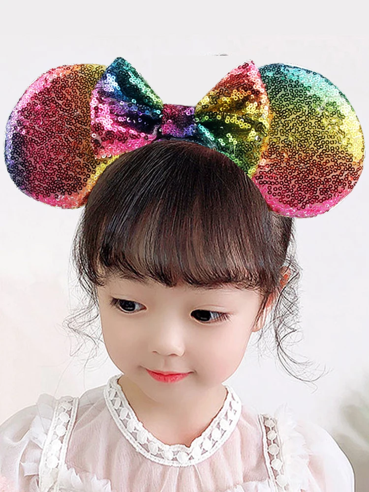 Rainbow Sequins Minnie Mouse Ears Hairband Kids Girl Bow Hairband Women Headband DIY Hair Accessories Headwear Kids Headband