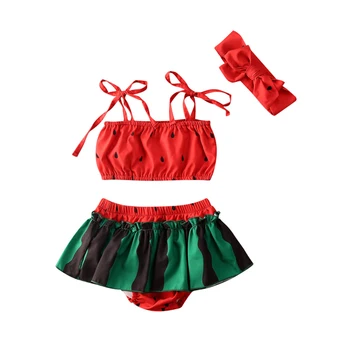 

Infant Baby Girl Sleeveless Watermelon Print Tops+Ruffle Shorts Headband Outfit Sunsuit Summer Casual Baby Girl Clothes Set