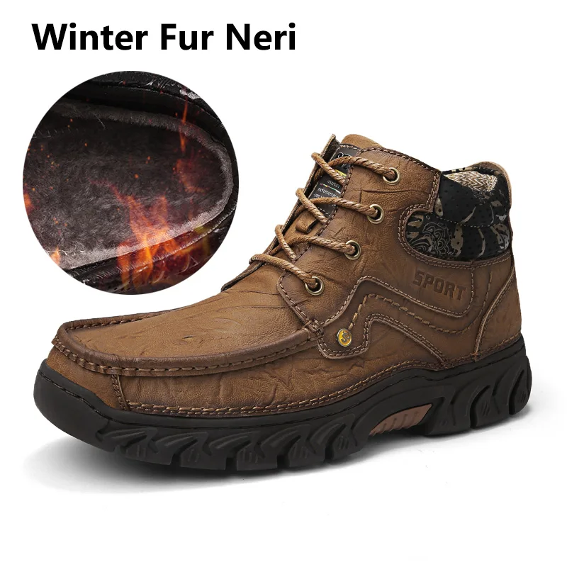 Light Brown Fur Мужские рабочие ботинки; Уличная обувь из коровьей кожи; мужские резиновые ботильоны; высококачественные зимние кроссовки; Мужская меховая обувь; теплая Рабочая обувь - Цвет: Light Brown Fur