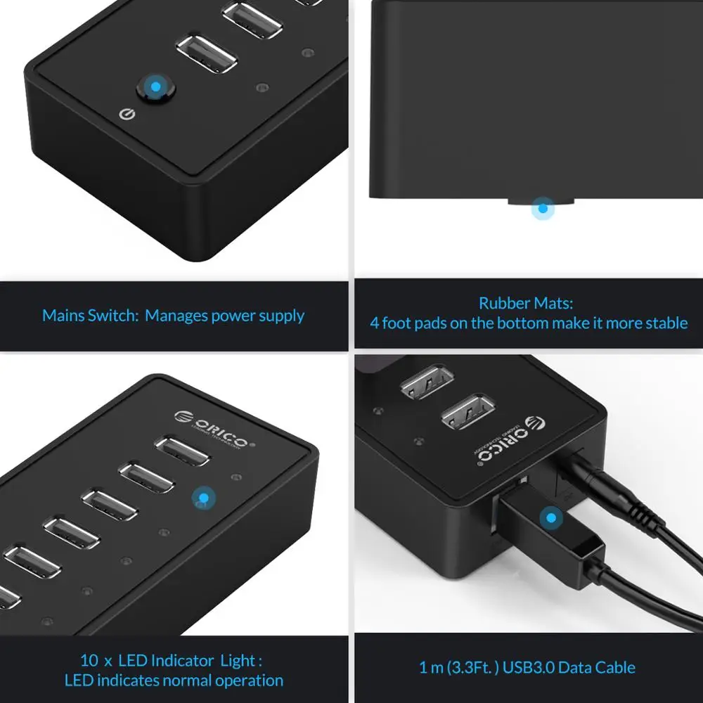 YLHXYPP USB HUB 10 Port ABS USB2.0 HUB with 12V Power Adapter High Speed USB Splitter for PC Computer Accessories 1M Data Cable 