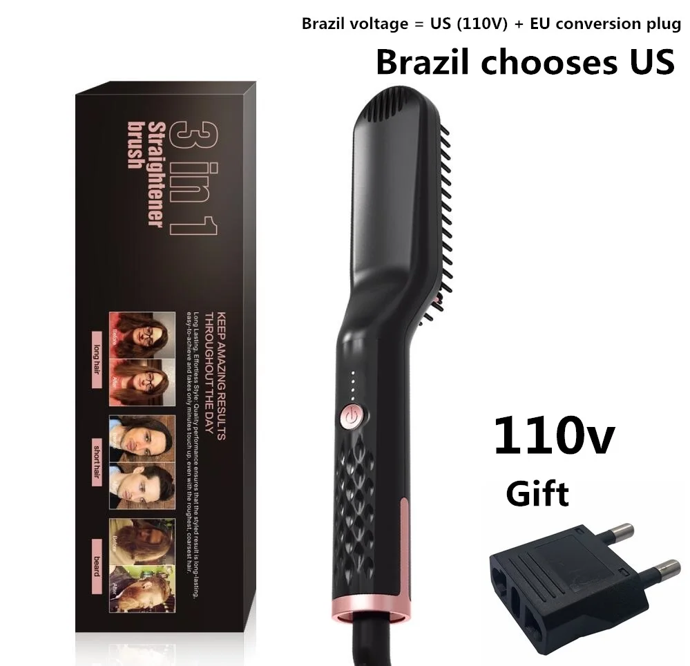 Brazil with box 3 в 1 электрическая щетка, расческа, выпрямитель для волос для мужчин, расческа для выпрямления бороды и Утюг, Кератиновый выпрямитель для волос, щетка для укладки - Цвет: Brazil with box