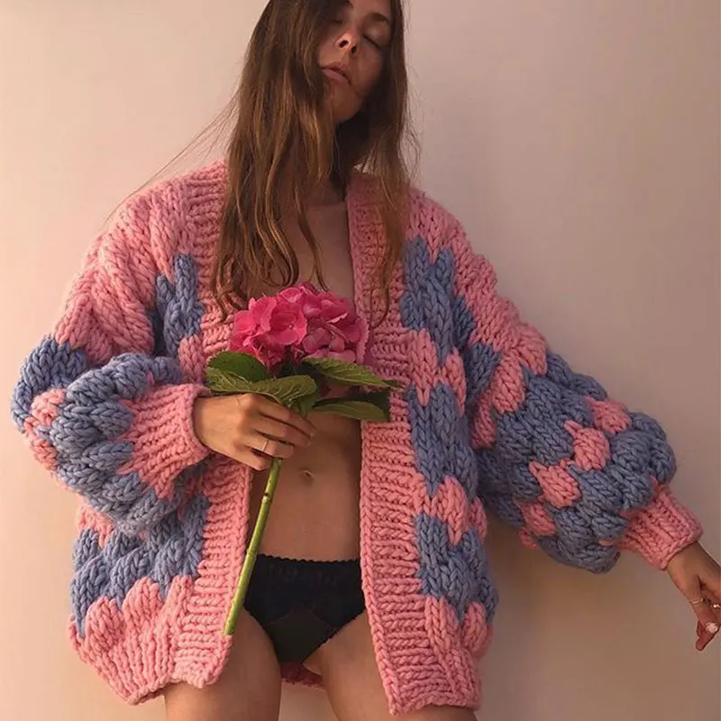 Bohemia Mohair контрастный цвет кардиган свитер модный тренд осень/зима теплый свитер Глубокий V шеи фонарь рукав свитер