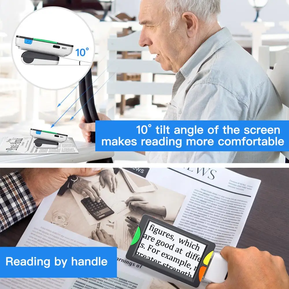 Eyoyo Handheld Portable Digital Magnifier 4.3 Inch Screen 2X-12X Zoom Electric Reading Aid 2 LED lights Foldable for Low Vision