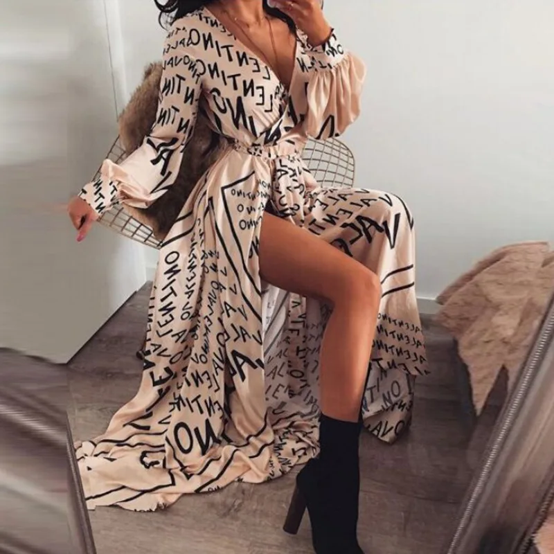 

Letter Print Women Maxi Dress Plus Size Cross Irregular Hiah Waist Party Dress Autumn Long Sleeve Deep V-Neck Sexy Streetwear