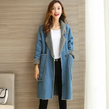 

Solid Color Denim Overcoat Korean Style Loose Denim Coat Jacket Mid-long Velvet Thick Turn-down Collar Pocket Decor Women Tops