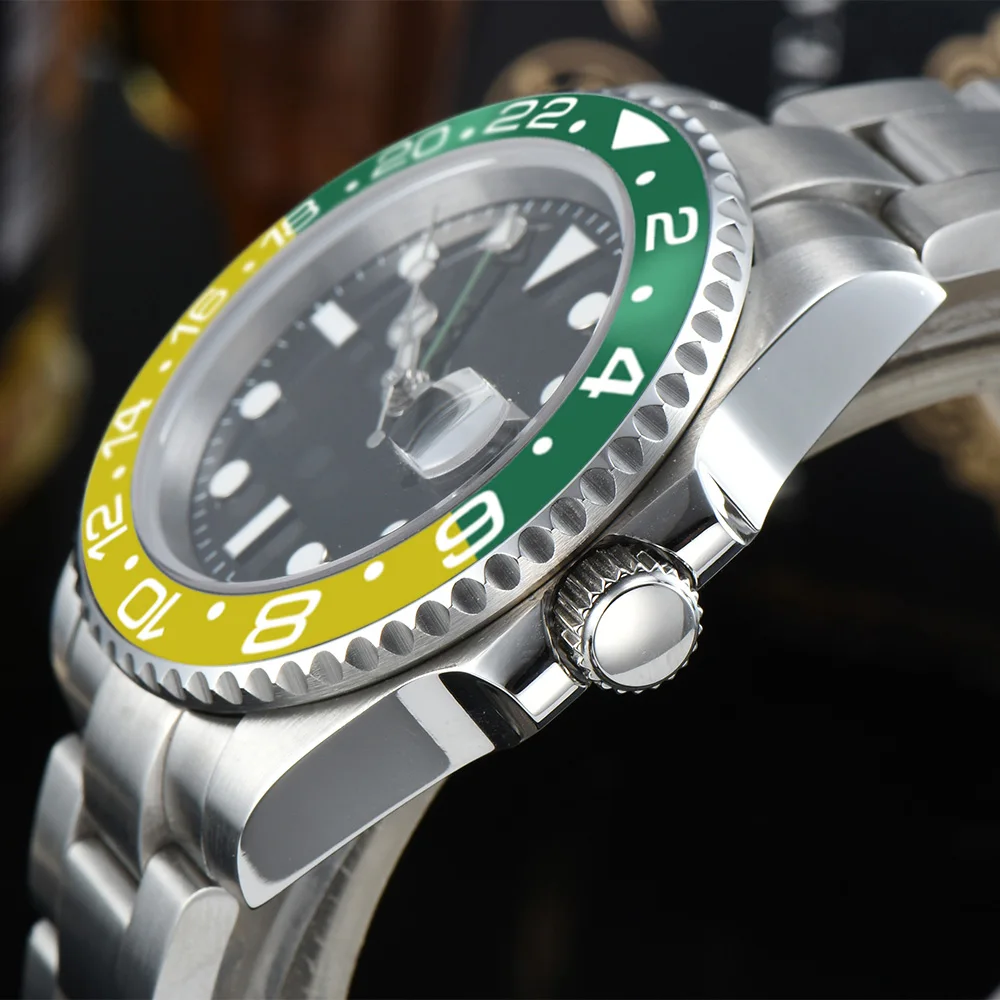 Часы автоматические GMT черный стерильный циферблат Мужские сапфировые хрустальные светящиеся руки стальной корпус 40 мм роскошные механические часы с датой A10