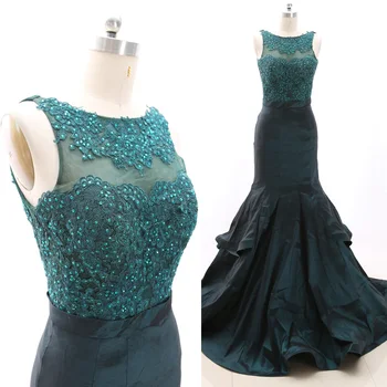 

MACloth Dark Green Mermaid O Neck Floor-Length Long Crystal Satin Prom Dresses Dress S 267837 Clearance