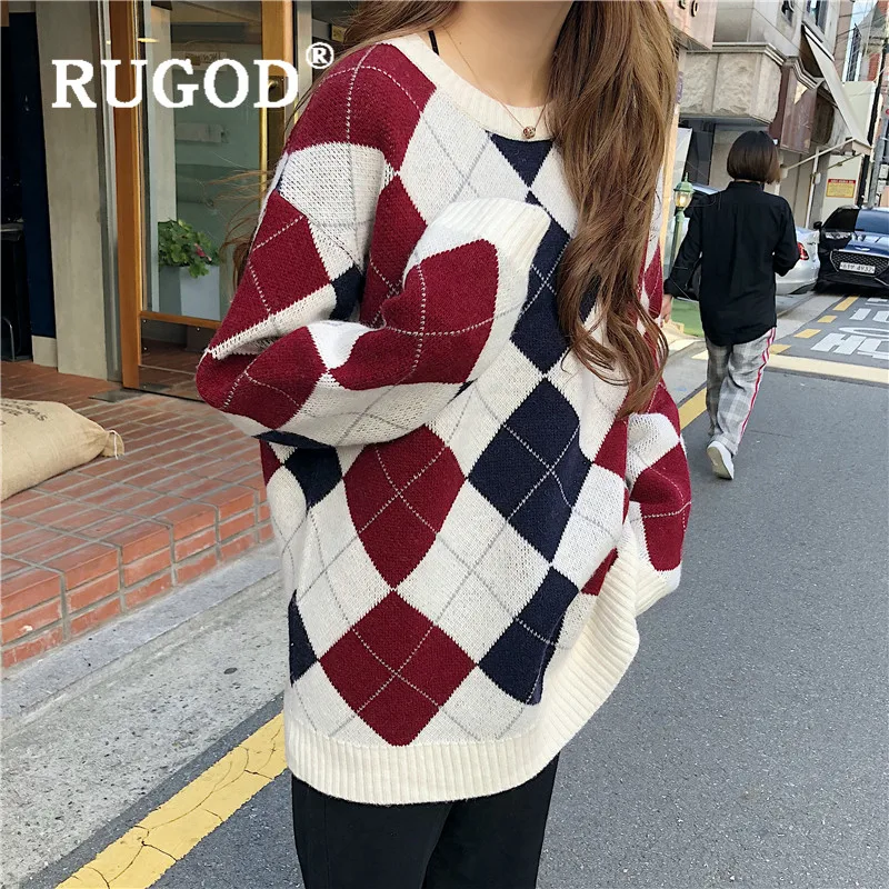 RUGOD, шикарный клетчатый свитер, элегантный джемпер с узором диоманда, пуловер, Зимние Топы для женщин, корейский стиль, одежда размера плюс, Kpop