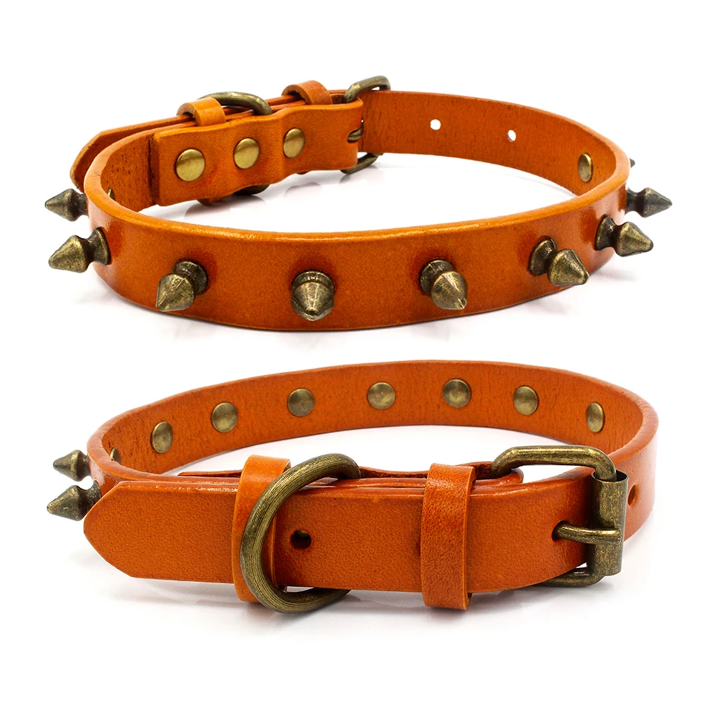 Ошейник Поводок для питомца собаки из коровьей кожи с шипами с заклепками регулируемый, для собак, кошек ошейник для маленьких собак металлический Бронзовый Цветные аксессуары для домашних животных