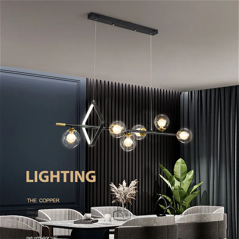Modern creative transparent glass ball black long LED chandelier Nordic indoor lighting restaurant cafe office  Pendant Lamp