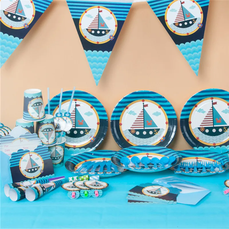 

90pcs Sailing Boat Navigation Theme Paper Cups Napkins Plates for Kids Birthday Party Decoration for Home Supplies High Quality