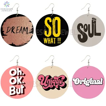 

SOMESOOR Unique Original Soul Cute Writings Africa Wood Drop Earrings Comic Arts Printed Wholesale Dangle Jewelry For Women Gift