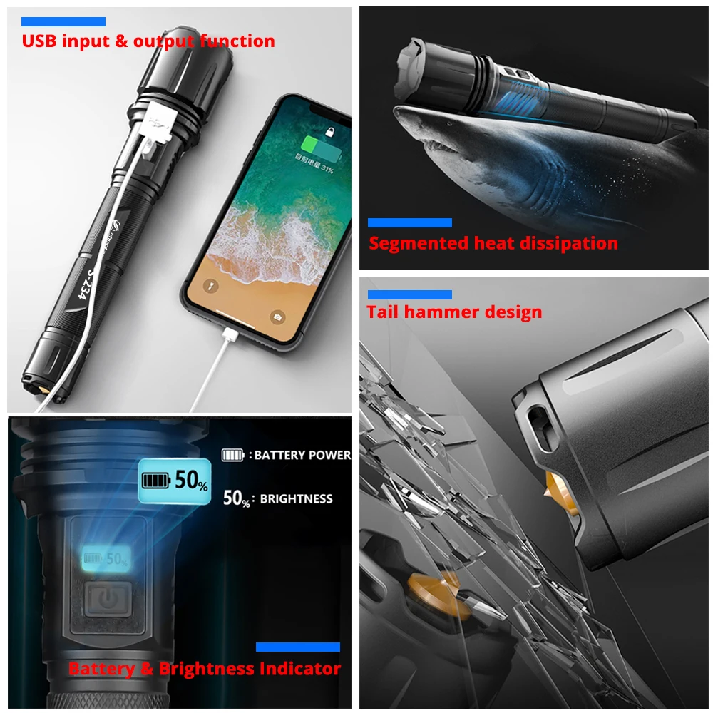 Sunlight MT-G2 wick LED Flashlight 4 lighting modes Zoomable camping light Suitable for hunting, adventure
