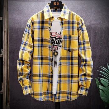 

Trendy Plaid Shirt Fashion Spring Mens Shirts Turn-Down Collar M-3XL Men Shirt Long Sleeve