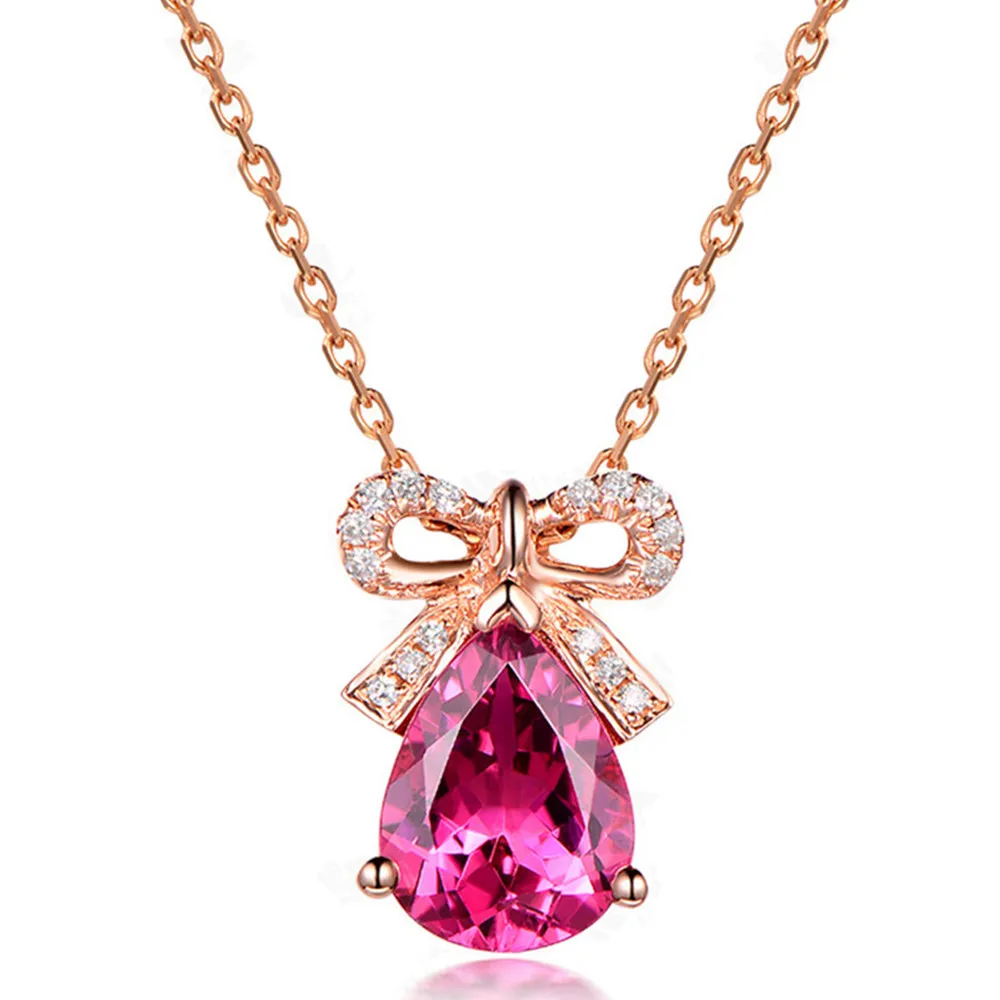 Pendant necklace Узел галстук бабочка Рубин драгоценный камень кулон ожерелье для женщин девочек Красный Кристалл 14 к розовое золото циркон бриллианты сладкий Рождественский подарок - Цвет камня: Pendant necklace