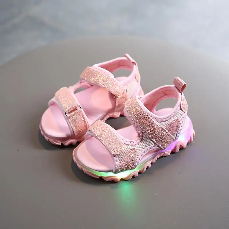 

Summer 2020 Original Girls Sequins Color Sandals Led Kids Sandals Children Beach Shoes Non-slip Soft Toddler Shoes