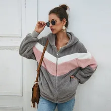 Шерпа флисовый свитер женский кардиган на молнии с капюшоном полосатый лоскутный кардиган женский зимний плюшевый флисовые свитера