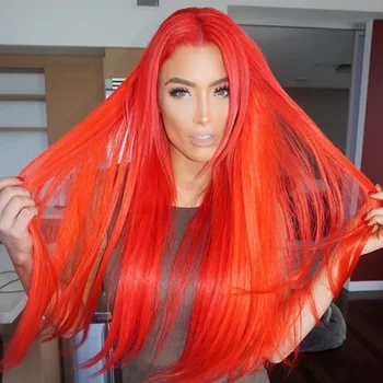 

OLEY Straight Long Orange Red Cosplay Wig Heat Resistant Hair Lace Front Synthetic Wigs For Women Free Part Glueless Lace Wig
