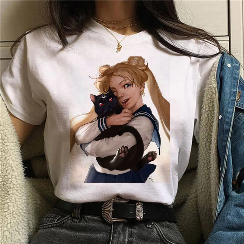 Сейлор Мун 90s забавная Футболка Harajuku одежда футболка Эстетическая кошка аниме Женская милая женская футболка Kawaii футболки Мода Ullzang