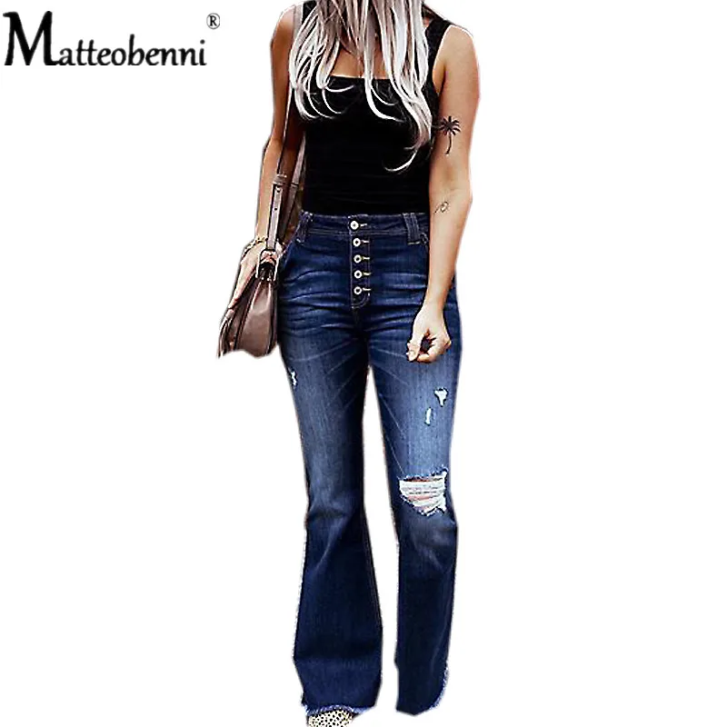 

2020 Fashion Ripped Jeans Bell Bottom Vintage Jeans Skinny Flare Pants Women Stretchy Blue Sexy Button Jeans Women Denim Pants