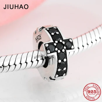 

New 925 Sterling Silver Cross Black CZ Fine spacer stopper beads Fit Original European Charm Bracelet Jewelry making