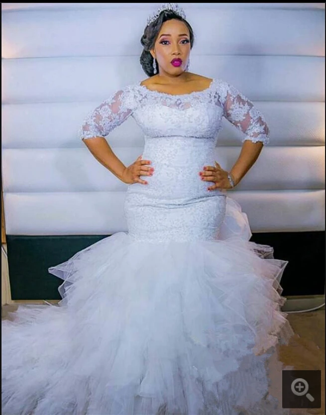 Robe De Mariage Многоуровневое Каскадное свадебное платье русалки с оборками Половина рукава плюс размер кружево с аппликацией и бисером платья невесты на продажу