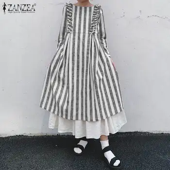 

Spring Ruffles Sundress ZANZEA Casual O Neck Dress Women Vintage Long Sleeve Striped Long Shirts Vestidos Female Robe Kaftan