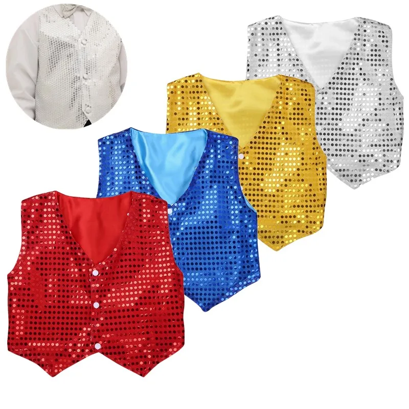 Kid Hip Hop Clothing Sequin Dance Vest Waistcoat For Boys Halloween Magician Waistcoat Sweat Jazz Ballroom Dancing Stage Clothes
