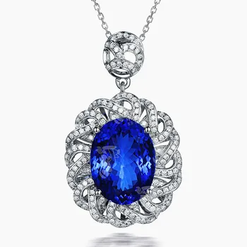 

Vintage flower blue crystal sapphire gemstones diamond pendant necklaces for women white gold silver color choker jewelry bijoux