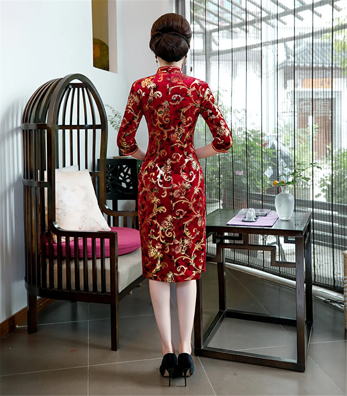 Шанхай история Половина рукава китайское традиционное платье Cheongsam Цветочная вышивка бархат Qipao китайское женское платье 3 цвета