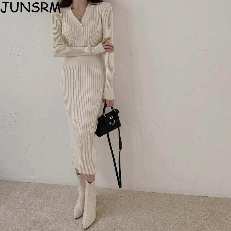 

One-Piece Knit Sweater Dress Women Korean V-Neck Long Knitted Sweater Midi Dress Slim Thin Office Ladies Winter Dresses 2020 New