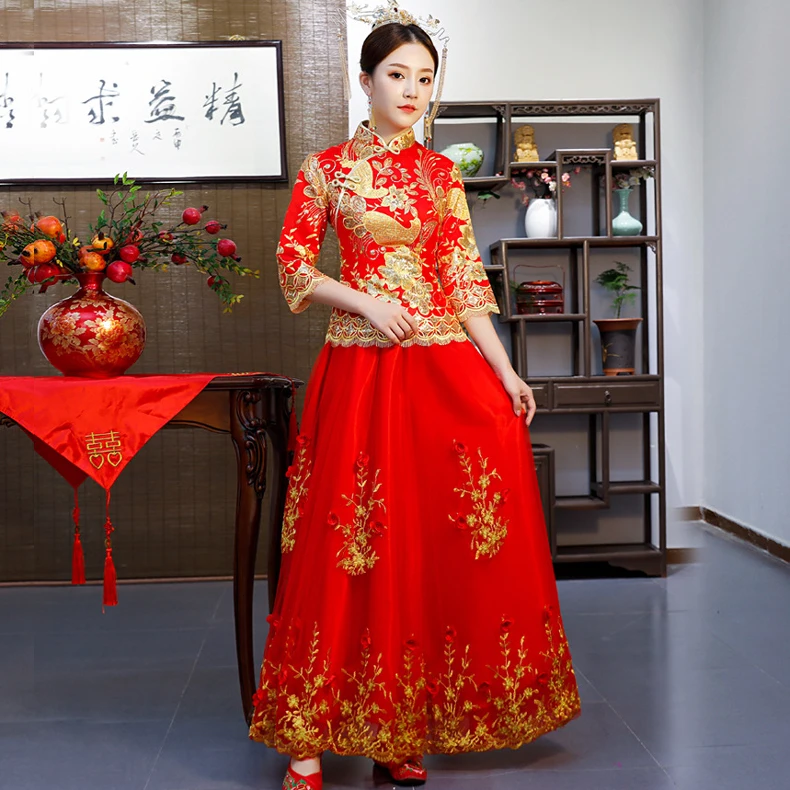 Красное китайское свадебное платье Cheongsam в традиционном стиле, с сеткой, с блестками, вечернее платье с цветочным узором, длинное платье Qipao, женская одежда S-4XL