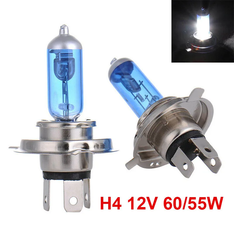 

2pcs H4 9003 HB2 Halogen Headlight Bulbs 5000K Super White Xenon High Low Beam H4 12V 55W Car Headlight Lamps Silver Blue Glass