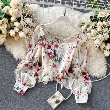 

Korean Floral Chiffon Shirt 2020 New V-neck Halter Puff Sleeve Ruffled Summer Top Womens Tops And Blouses Chemise Femme