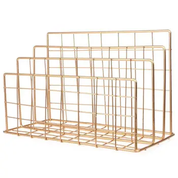 

Nordic Style Iron Art Grid Storage Rack Book Holder Three Layer Desktop Magazine Shelf Home Organizer Decoration(Gold)
