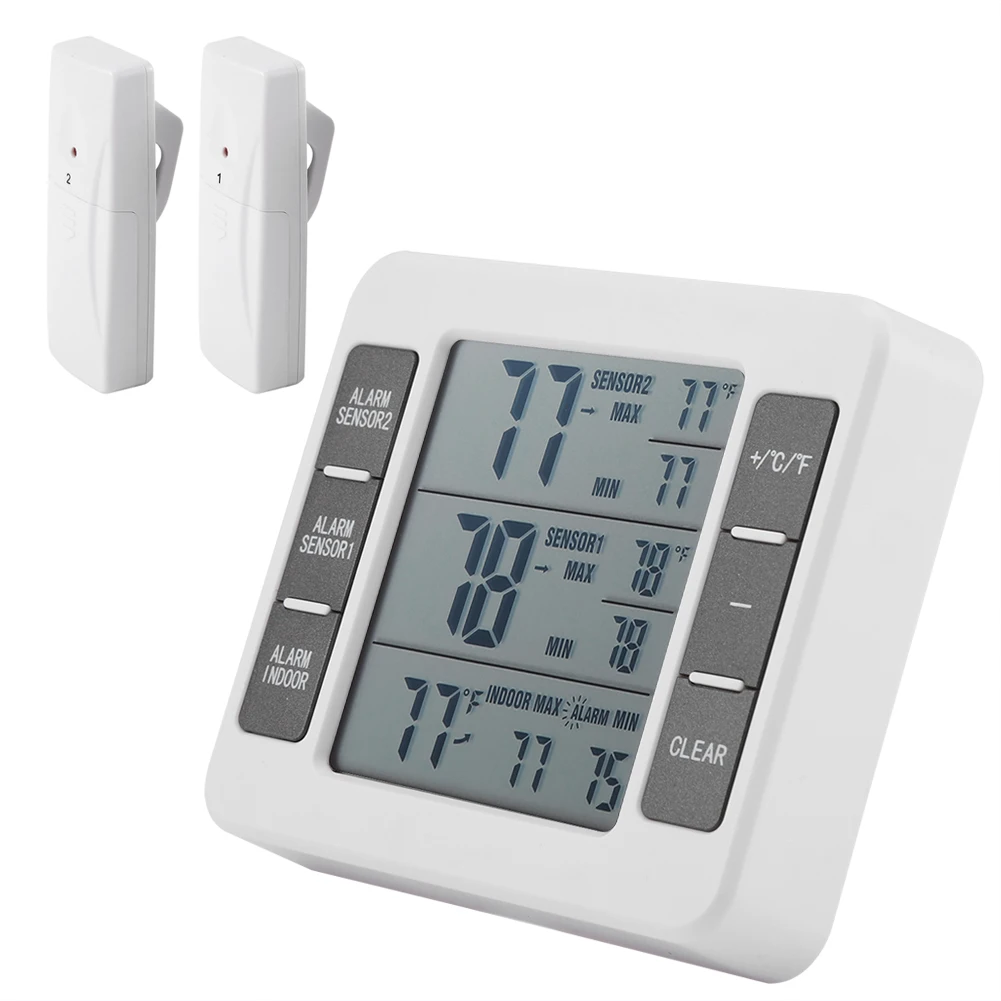 Термометр для холодильника, цифровой Морозильный термометр с монитором температуры в помещении, 2 беспроводных датчика, звуковой сигнал для холодильника